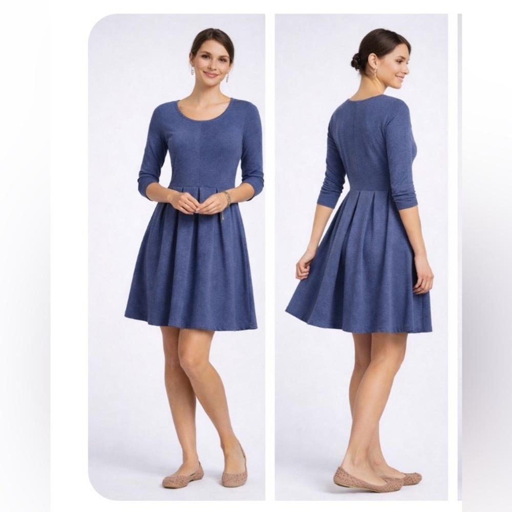 ANTHROPOLOGIE Puella A-Line Pleated Fit Flare 3/4 Sleeve Blue Dress